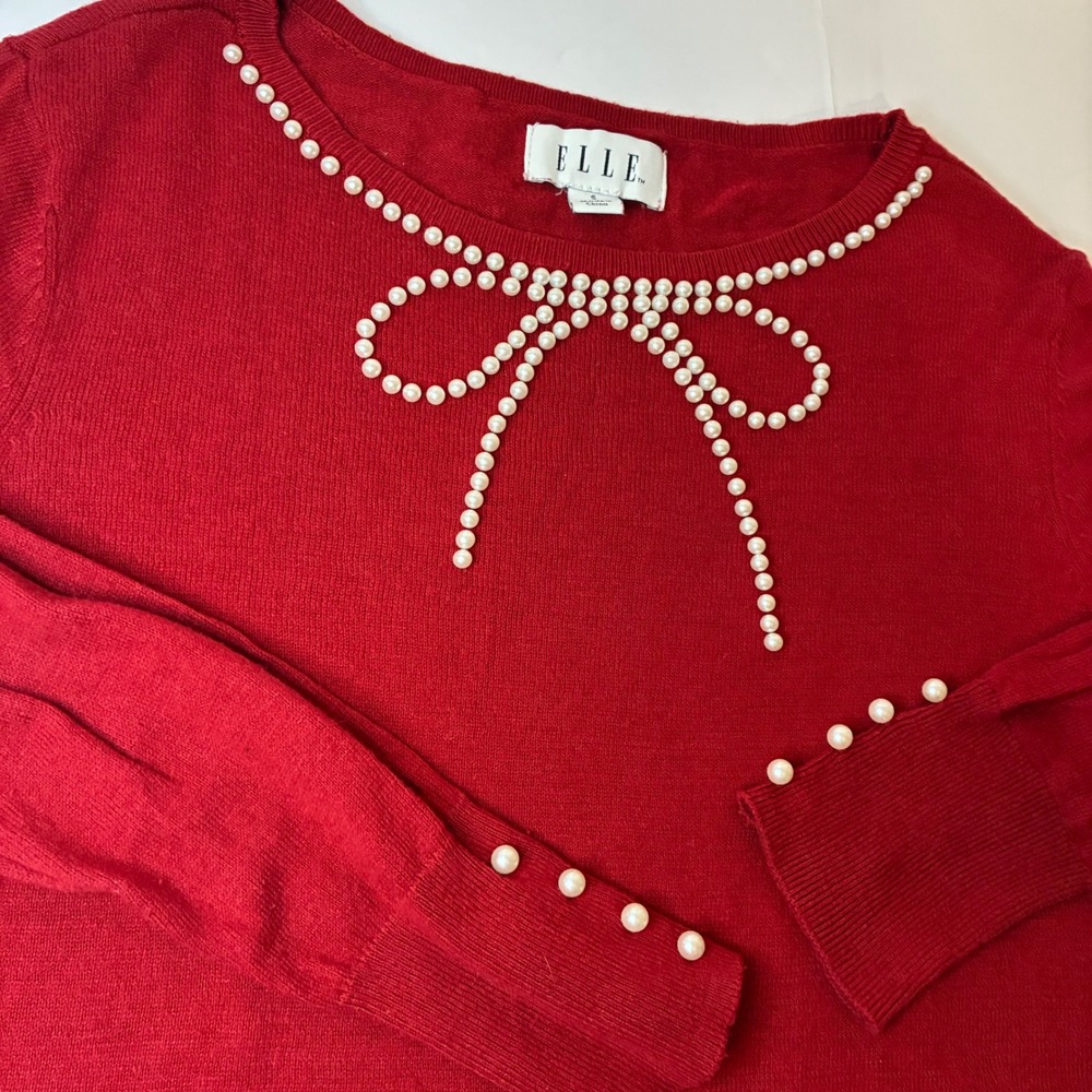 Elle Womens Red Holiday Top Pearl Bow Sweater Small Coquette Crew Knit Party - Picture 8 of 11